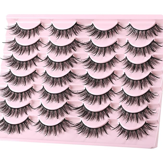 FARRED Wispy Lashes Hybrid Mink Eyelashes 14 Pairs Short Cat Eye Natural Fluffy False Eyelashes Faux Mink Strip Eye Lashes Pack for Daily Makeup (F17 | 8-16 mm)