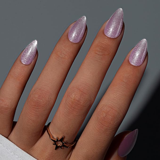 KQueenest Cat Eye Press On Nails Short, Acrylic Press On Nails Almond, Sparkle Pastel Lilac Fake Nails With Glue, Recycled Soft Gel Glue On Nails for Woman, Long-Lasting Glitter Effect, 30 Pcs
