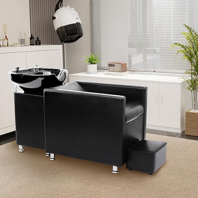 Backwash Barber Chair, Shampoo Bowl Chair with Neckrest, Ceramic Shampoo Bowl Sink Unit, Hair Washing Station with Foot Pedal, Backwash Shampoo Station Chair for Barbershop