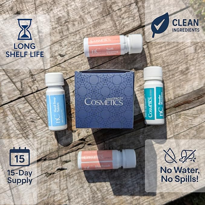 nanoSPACE Waterless Travel Toiletry Set, Clean Ingredients TSA Compliant, Includes Powder Shampoo, Toothpaste Tablets, Mouthwash Tablets, Soap Tablets