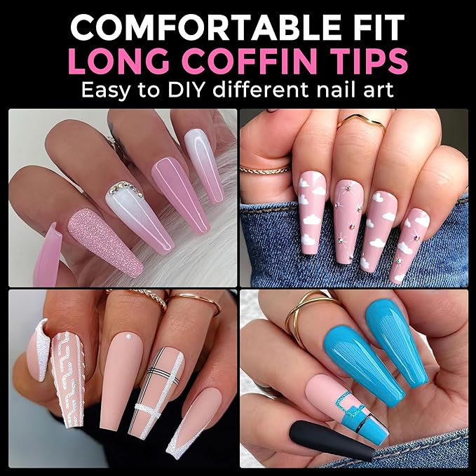 UNA GELLA Long Coffin Nail Tips: 216pcs Coffin Acrylic Fake Nails Full Cover Gel Nail Tips Press On Nails Clear Tips for Nail Extension DIY Salon 12 Sizes