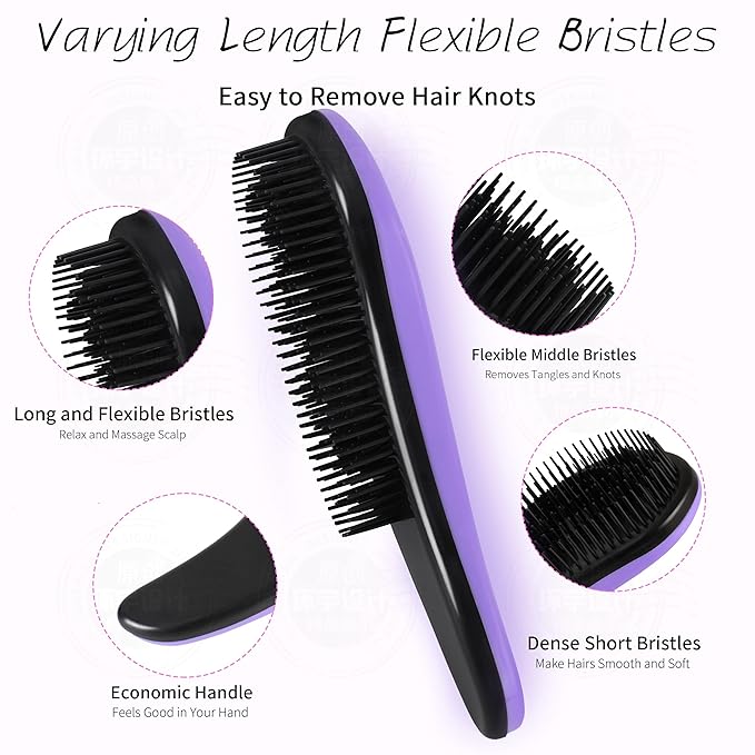 79STYLE 3pcs Detangler Brush Tangle Free Hair Brushes For Kids Knot Free No Pain Detangling Kids Hair Brush Combs For Curly Fine Hair (Size 7.4 Inch -Purple)