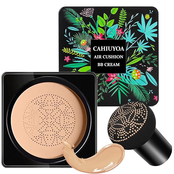 1PCS Mushroom Head Air Cushion CC Cream,CAHIUYOA BB Cream Foundation Full Coverage Concealer Long Lasting Liquid Matte Makeup Foundation with Mushroom Makeup Sponge-Natural