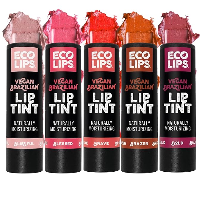 Eco Lips Vegan Cruelty-Free Brazilian Lip Tint Variety Pack - 100% Natural Lip Balm (Blessed, Blissful, Brave, Brazen, Bold) (5 Pack) | Made in USA