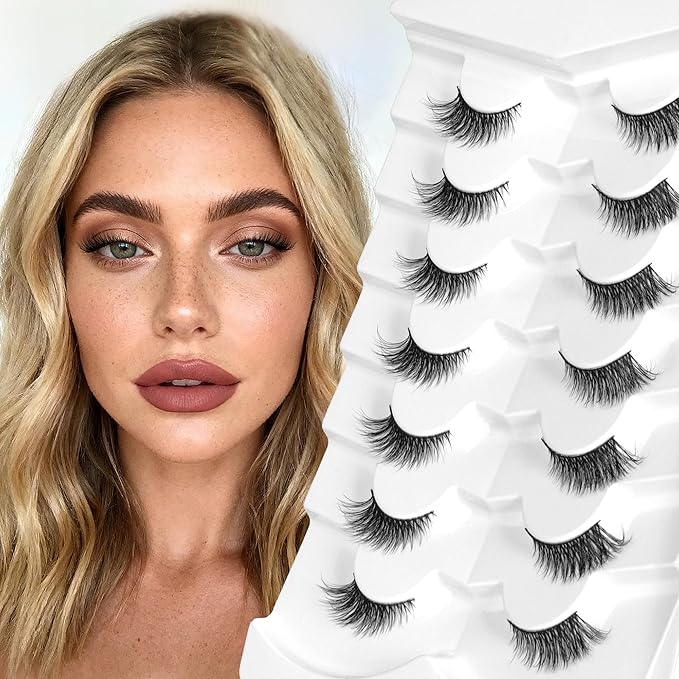 Bepholan Half False Eyelashes Natural Look 3D Cat Eye Lashes 7 Pair Thin Soft Clear Band Cat Eye Lashes Fluffy Faux Mink Eyelashes Easy to Apply(BH306)