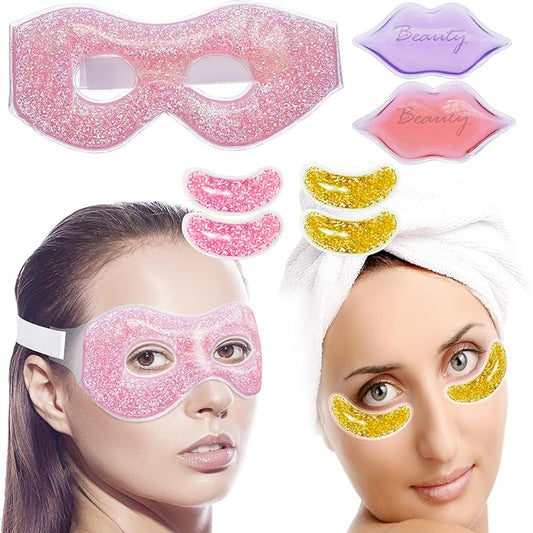 Ice Under Eye Patches Eye Mask Lip Care Gel Pads Treatment Mask Lip Mask, Cooling Eye Lip Gel Masks Cold Hot Therapy for Wrinkles Firming Swelling Cosmetic Bruising Reusable 7 Pack