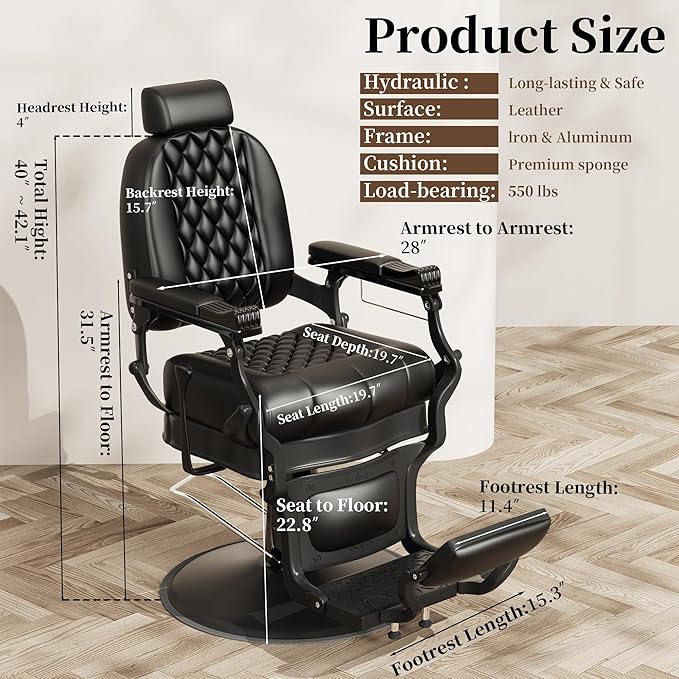 Baasha Retro Reclining Barber Chair, Ergonomic All-Purpose Salon Chair with Thick Cushion & Adjustable Headrest, Heavy-Duty Design, 550 lbs Support