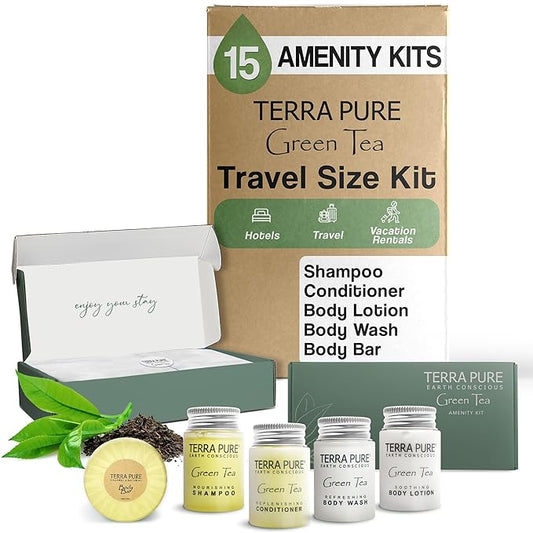 Terra Pure Green Tea Amenity Kit | Boxed Hotel Bulk Toiletries | 1 oz Shampoo, Conditioner, Lotion, Body Wash, Body Bar Soap for Guest Hospitality Vacation Rentals | 15 Sets/Case