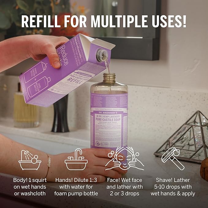 Dr. Bronner's Pure-Castile Liquid Soap Bottle & Refill Carton - Made with Regenerative Organic Certified Oils, 82% Less Plastic-18-in-1 Uses for Face, Body Wash, Hand Soap Refill- Lavender,32oz