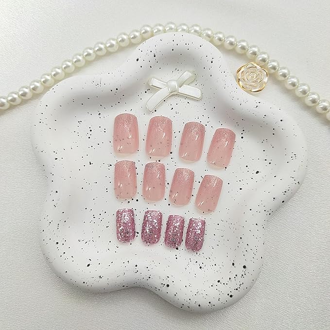 Press on Nails Medium Square Fake Nails with Glitter Sequins Designs Gradient Nails Press ons Glossy Glue on Nails Daily Wear Simple Acrylic Nails Purple False Nails Stick on Nails for Women 24Pcs