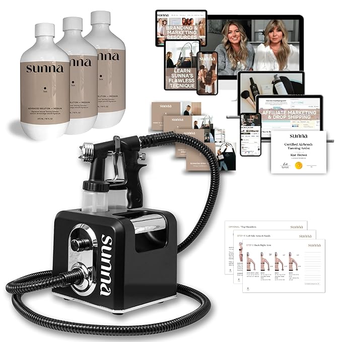 Spray Tan Basics Starter Package by SunnaTan - Includes HVLP Tan Gun, 3 x 473 ml 12-Hour Natural Tanning Solutions (Light, Medium, Dark), and Training Course Valued at 299.00