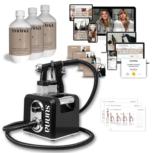 Spray Tan Basics Starter Package by SunnaTan - Includes HVLP Tan Gun, 3 x 473 ml 12-Hour Natural Tanning Solutions (Light, Medium, Dark), and Training Course Valued at 299.00