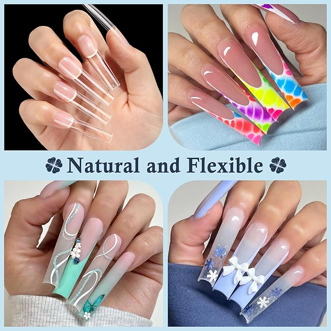 Extra Long Square Nail Tips, XXL 120Pcs 12 Sizes No C Curve Clear Acrylic Nails Straight Tapered Square Press on False Nail Tips for Nail Extension Nail Art Salon Home DIY