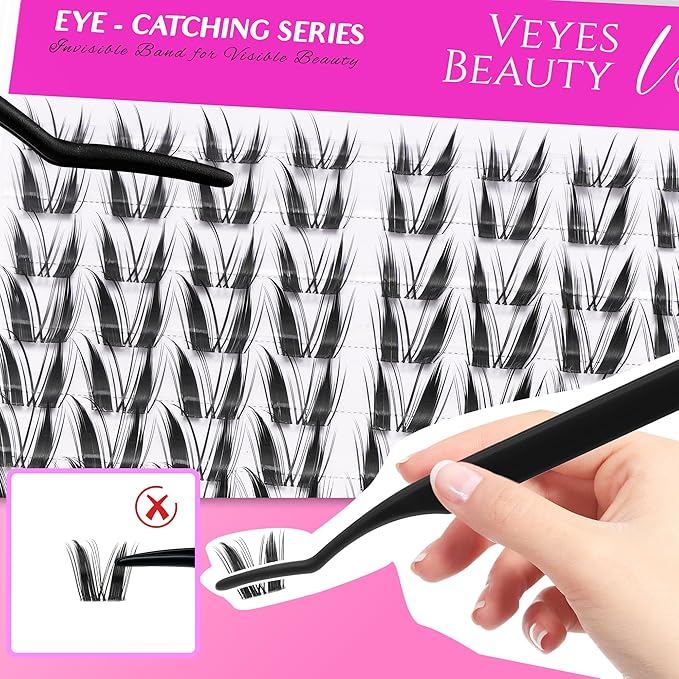 VEYESBEAUTY Lash Clusters Individual Eyelash Extensions Thin & Invisible Band DIY False Eyelashes for Self-application Newbie's Five-Second Series Wispy Lash Tray, Bunny 8-16mm Mixed Length