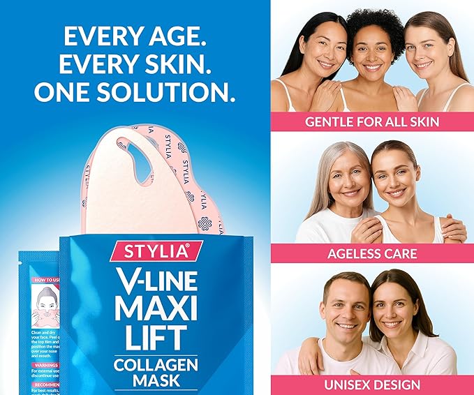 Stylia MaxiLift V-Line Lifting Collagen Face Mask – Enhanced Double Chin Reducer – Jawline Shaper Face Lifting Masks – Firming Neck Lift Collagen Mask – Chin Strap for Sleeping – Hyaluronic, Aloe 5PC