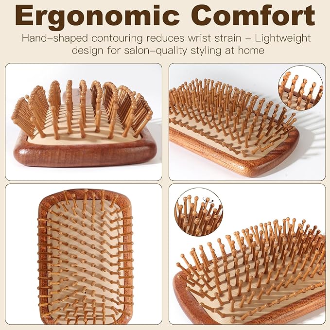 2-Piece Bamboo Hair Brush Set for Hair Growth (Oval & Square) - Natural Wooden Scalp Massage Brush with Bamboo Bristles,Detangling Hairbrush for Women,Men,All Hair Types - Ergonomic Handle