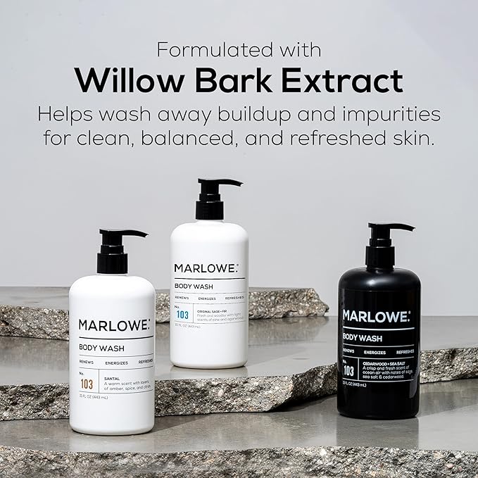 MARLOWE. No. 103 Body Wash 15 oz Pump, Cedarwood + Sea Salt, Energizing & Refreshing Shower Gel, Willow Bark & Green Tea Extracts, Cleanses, Moisturizes, Smooths & Nourishes, Fresh & Zesty Scent