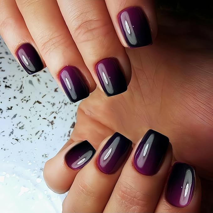 KQueenest Ombre French Press on Nails Short Square, Dark Purple Black Fake Nails Short Coffin, Gradient Color Acrylic Nails Press Ons, Soft Gel Glue on Nails for Women Decoration in 30 Pcs