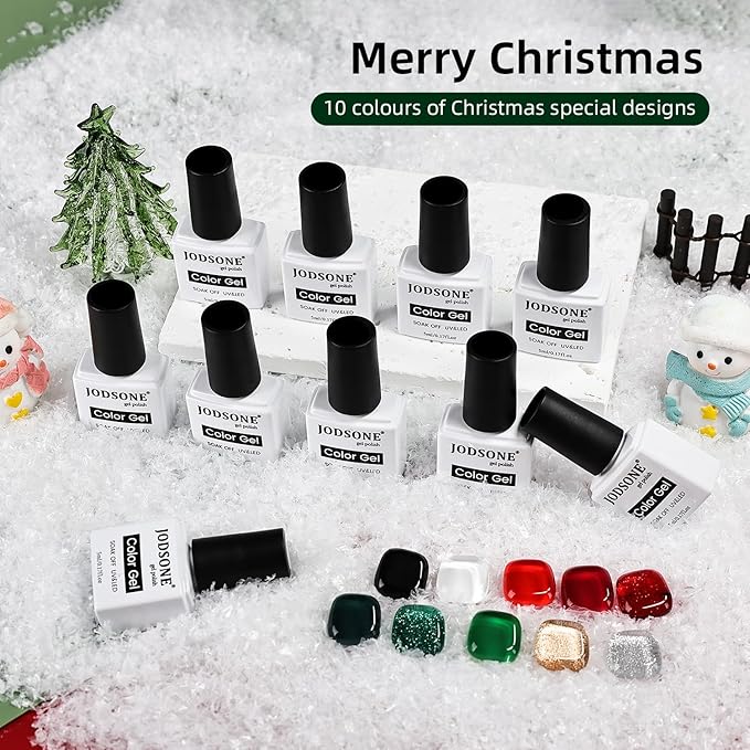 JODSONE Christmas Gel Nail Polish Set 10 Colors with Black White Glitter Red Burgundy & Green Silver Gel Nail Polish DIY Salon for Women Girls Home Christmas Gifts