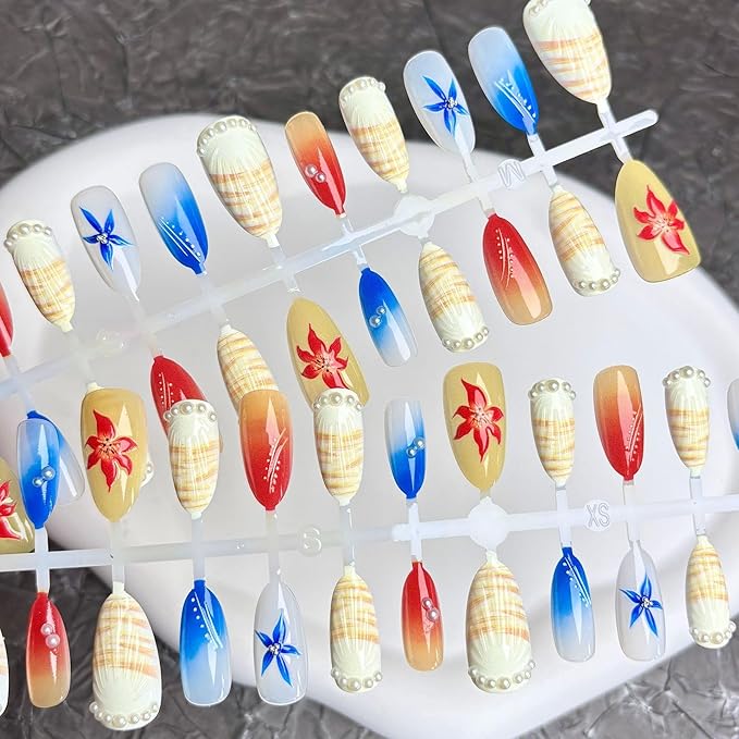 30Pcs Summer Press on Nails Medium Almond Fake Nails with 3D Shell Pearl Rhinestones Design Spring Floral Beach Acrylic False Nails Blue Ombre Vacation Stick on Nails Glue on Nails for Women