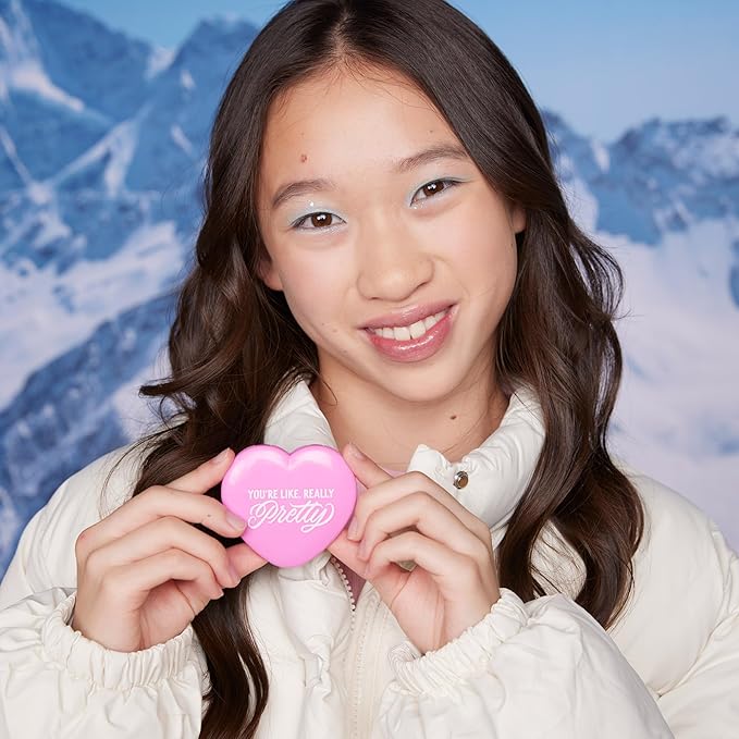 Petite N Pretty All in One Makeup Set for Kids, Tweens and Teens – Pink Mesh Bag with Lip Gloss Keychain, Hair Ties, Nail Decals, Headband, Heart Mirror, Nail File, Comb – Perfect Travel Kit & Gift