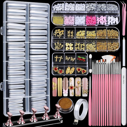 Teenitor Square Nail Tips with Nail Charms Nail Art Brushes, 240pcs XXL Fake Nails with Nail Stand for Extensions, Clear Acrylic Nail Tips Gel Nails Long Full Coverage