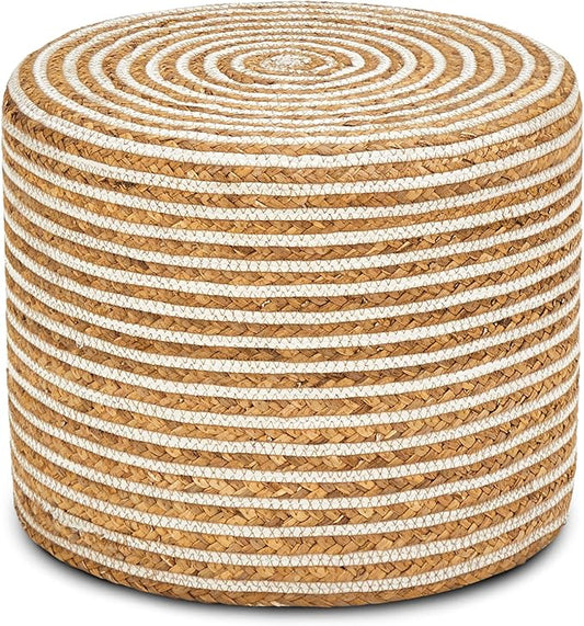 Wimarsbon 18'' Ottoman Pouf, Natural Braided Poof, Rustic Handweave Lounge Pouffe, Boho Footrest Stool for Bedroom, Accent Table or Seat for Living Room (Natural Water Hyacinth + White Cotton Rope)