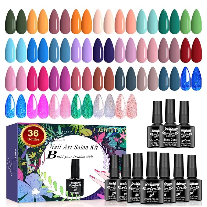 JEWHITENY Gel Nail Polish Kit, 36 Pcs 7ML Soak Off Gel Polish Set Pink Blue Green Yellow Gel Nail Kit Glitter Nail Art Starter Kit Beauty Gifts