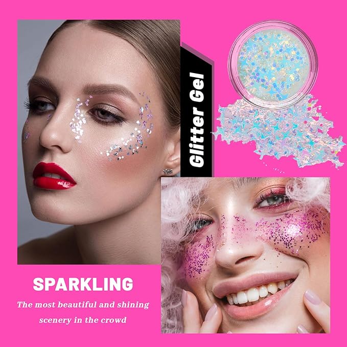 12 Colors Face Glitter Body Glitter Gel Set, Makeup Gel for Body, Hair, Face and Eye, Suitable for Musical Festival Carnival Dance Halloween Party Beauty Mermaid Sequins Makeup