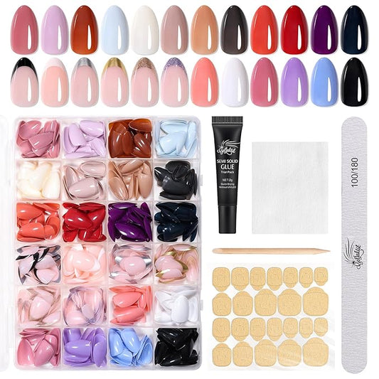 Press on Nails Kit 576 Pcs 24 Colors, Short Almond Glossy French Color Nail Tips With Nail Glue & Nail Tabs Stickers,Natural Fit Lightweight Nail Art for Women Girls