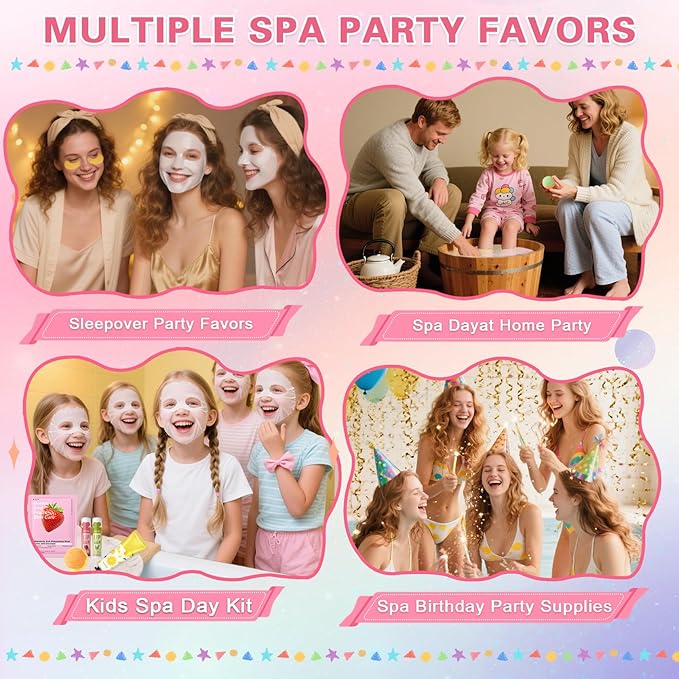 120 PCS Spa Party Supplies for Girls & Women,Spa Party Favors Include Face Masks Skincare,Hand Cream,Lip Balm,Eye Masks,Lip Mask,Foot Bath Bombs,Slumber Sleepover Party Supplies for Girls
