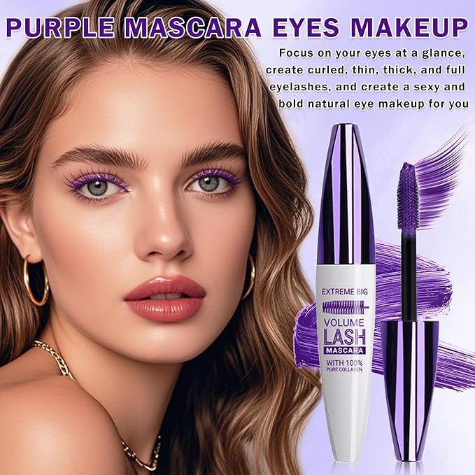 Purple Mascara for Eyelashes,5D Colored Mascara Volume and Length Waterproof,Natural Curling for Women Eye Makeup