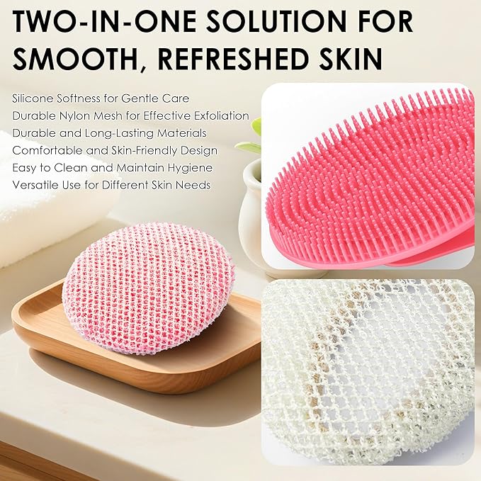 INNERNEED Food-Grade Silicone Body Scrubber Gentle Cleansing Brush with Exfoliating Net Sponge Bath Scrubbing Washcloth Case, More Hygienic and Well Lather (Pink Set)