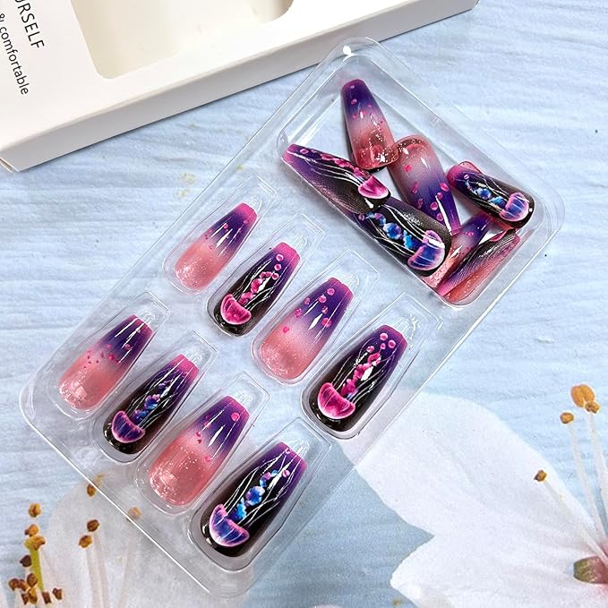 Jellyfish Press on Nails Long Ballet Shaped Full Cover Glossy Acrylic Fake Nail Cute Jellyfish Pattern Design Gradient Artificial Fingernails French Stick on Nail Reusable Glue on Nails for Women