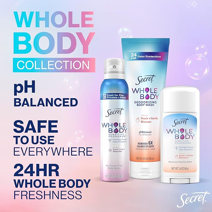 Secret Whole Body Deodorant Dry Feel Stick + Absorbs Sweat for Women, Naturally Derived Ingredients, Light & Fresh Scent, Aluminum Free Deodorant Stick, 72 HR Odor Protection, 2.4 oz