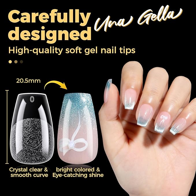 UNA GELLA Short Coffin Nail Tips 600Pcs, Short Coffin Gel Nails Tips Pre Etched 12 Sizes Soft Gel Fake Nails Tips Pre-file Full Cover for Nail Extension Home DIY Salon with Box
