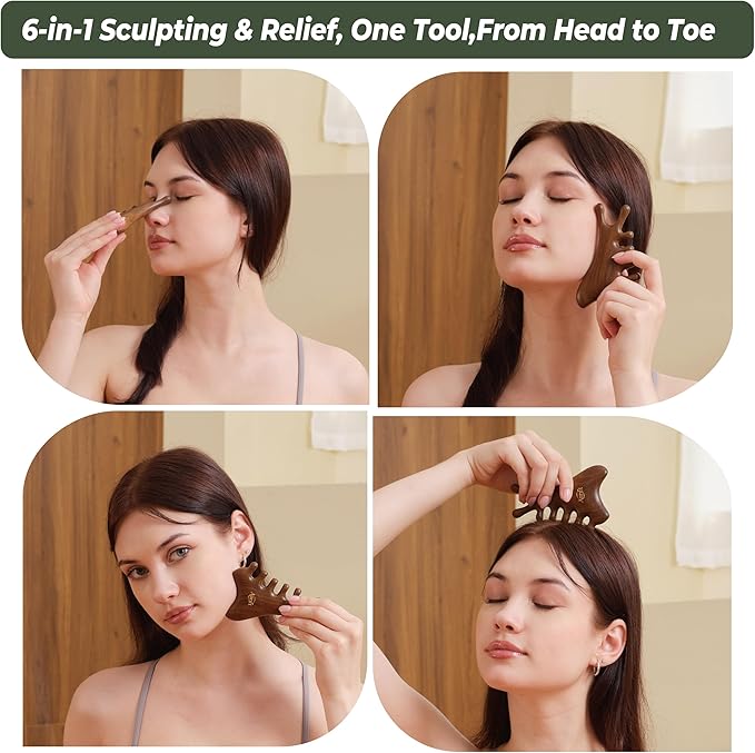 Wooden Gua Sha Tool & Massage Comb Set - 4-in-1 Face Gua Sha and Scalp Massager for Relaxation, Jawline Sculpting & Body Massage, Natural Self-Care Beauty Gift Set for Women, King Wood
