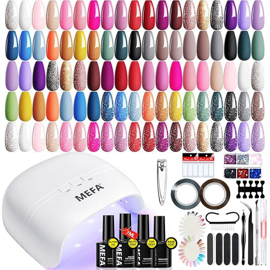 MEFA Gel Nail Polish Kit with U V Light, 32 Colors All Seasons Soak Off 60 Pcs Gel Polish Nail Set with Matte/Glossy Glitter Base Top Coat Manicure Tools Nails DIY Decorations Gifts for Women