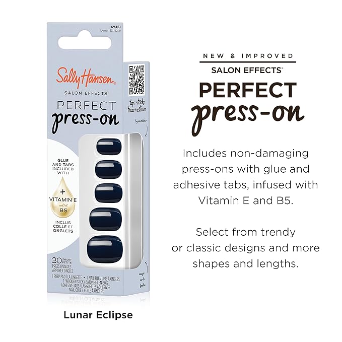 Sally Hansen Salon Effects Perfect Press-On Nails | Sq-oval Shape | Easy to Apply, Non-Damaging | 30 Nails, Nail Glue, Adhesive Tabs, File | Lunar Eclipse