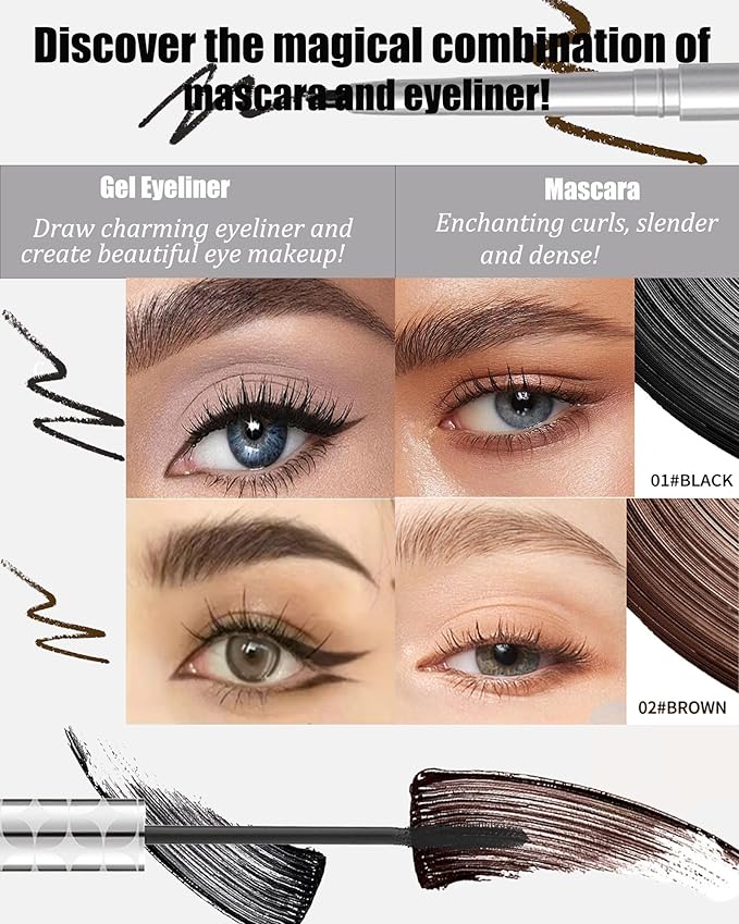 Brown Mascara and Waterproof Eyeliner Pencil Set for Older Women 60 Plus,Length and Volume Mascara for Mature Women,Retractable Eye Liner Matte Cream Waterline Eyeliner Makeup for Sensitive Eye-Set B