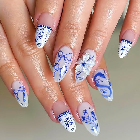 Blue White Totem Press on Nails French Tip Fake Nails Medium Almond False Nails with Design Bow Glue on Nails 3D Embossed Flowers Snake Stick on Nails Handmade False Nails for Women Acrylic Nails