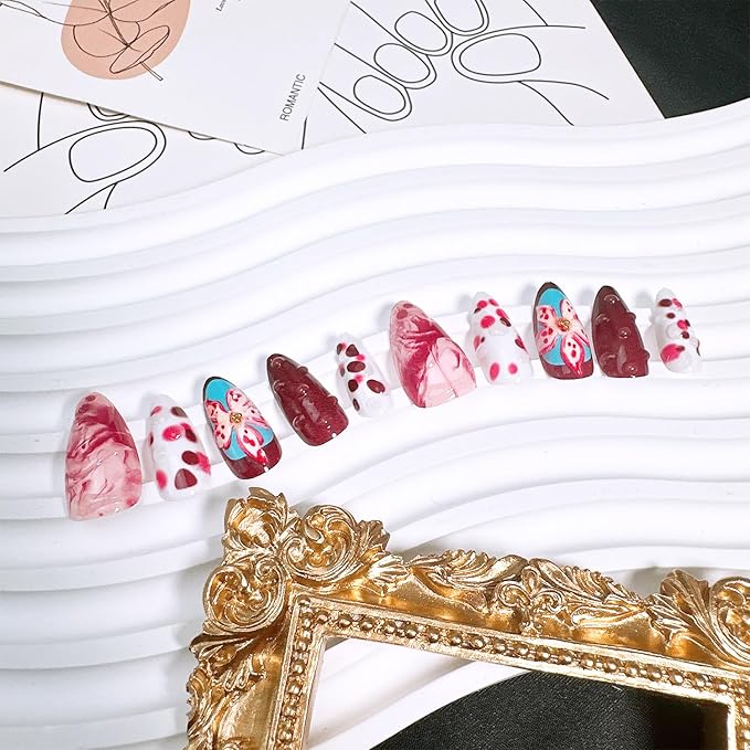 10pcs Halloween Press on Nails Medium Almond Fake Nails with 3D Snake Flower Designs Bloody False Nails Kit Halloween Acrylic Nails Full Cover Stick on Nail for Women Holiday Nail Decoration