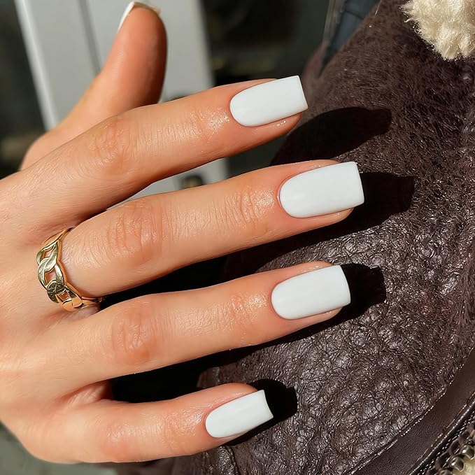 Frosting White Press On Nails Short Square Nails Press on Acrylic Nails for Women,KQueenest Pure Color Glue on Nails Short Fake Nails for Girls Thick Press on Gel Nails Petite Come-Ready Short Nails