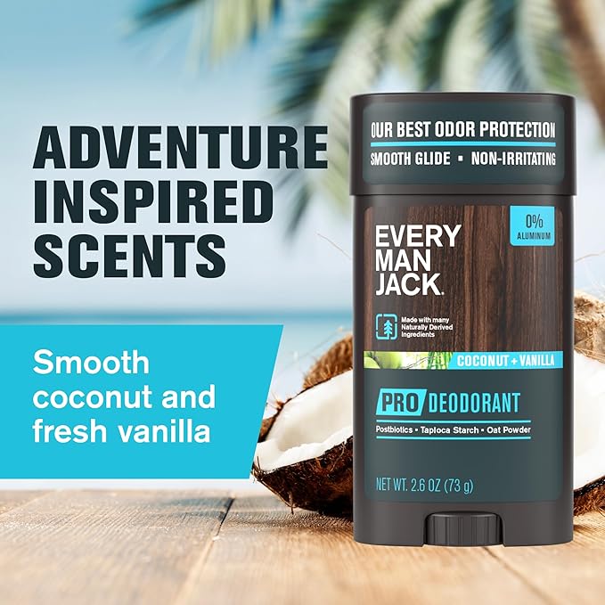Every Man Jack Men's Pro Deodorant - 48-Hour Odor Defense Blend - Aluminum Free - Contains Postbiotics, Tapioca Stach & Oat Powder - Coconut + Vanilla Scent - 2.6 oz (1 Pack)
