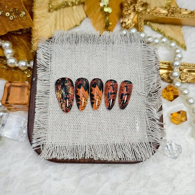 24Pcs Autumn Press on Nails Almond Medium Fake Nails Fall Leaves Acrylic Nails Maple Leaf Design Glossy Reusable Glue on Nail Full Cover Thanksgiving Stick on Nails for Women DIY Manicure