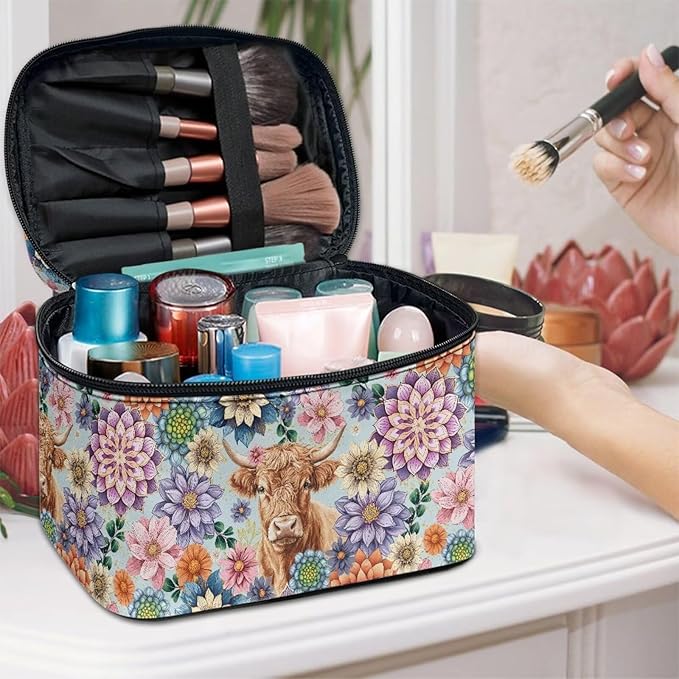 Boho Mandala Highland Cattle Pattern Travel Makeup Bags for Women Portable Tote Cosmetic Case with Carry Handle Toiletry Accessories Storage Organizer Bags