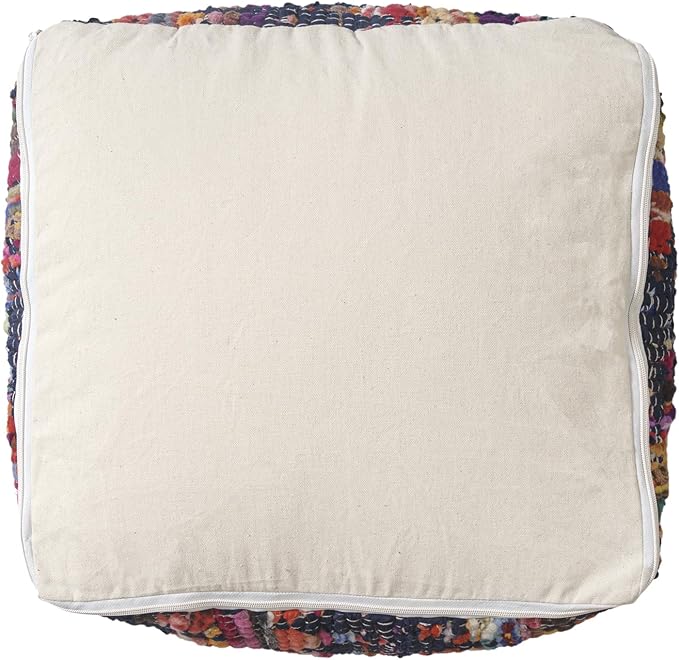 LR Home Denim Bordered Shabby Chic Hand-Loomed Cotton Jute Cube Pouf for Home Decor | Hand-Made Farmhouse Foot Rest for Bedroom & Living Room Decor | 18 x 18 x 18 Stuffed Ottoman for Seating