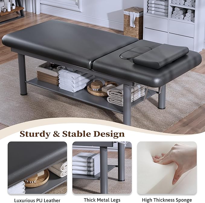 Olela Heavy Duty Stationary Massage Table with Adjustable Backrest, 31.5" Wide Professional Spa Facial & Therapy Bed, Metal Frame PU Leather Treatment Table for Salon & Clinic