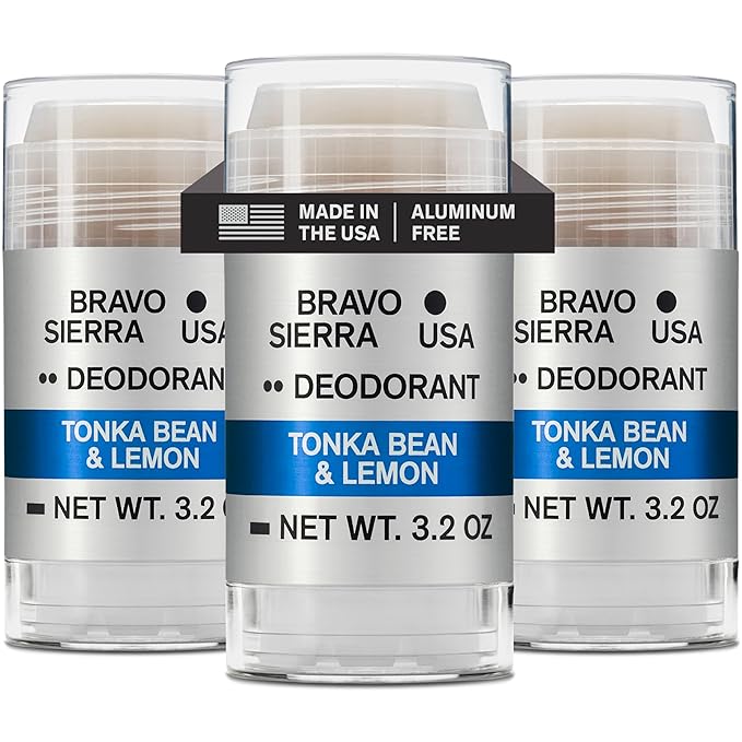 Aluminum-Free Deodorant for Men by Bravo Sierra, 3-Pack -Contains Natural Ingredients –Long Lasting All-Day Odor and Sweat Protection -Tonka Bean and Lemon, 3.2 oz - Paraben-Free, Vegan & Cruelty-Free