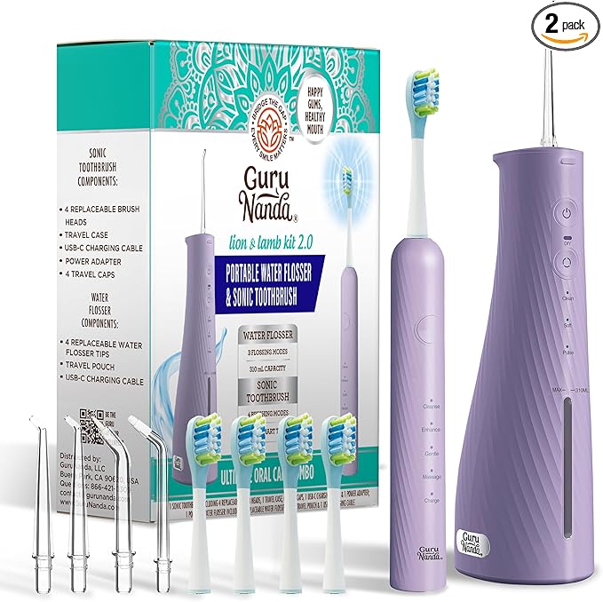 GuruNanda Lion & Lamb Kit 2.0, Electric Toothbrush with Water Flosser Combo, 4 Jet Tips, 4 Brush Heads, & IPX7 Waterproof Design for Complete Oral Care, Lavender